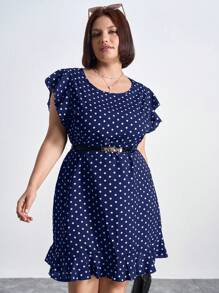 Chikora Plus Size Women's Casual Polka Dot Print Ruffle Trim Dress, Does Not Include Belt, For Summer,Office Outfits For Women