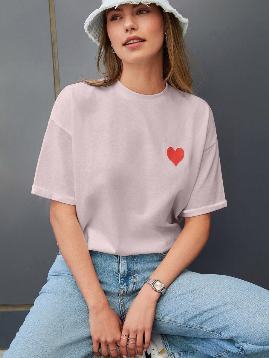 RueChic Casual Loose Heart Printed Drop Shoulder T-Shirt, Summer - Baby Pink - View 1