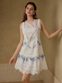 MOTF PREMIUM CONTRAST LACE FLORAL PRINT DRESS