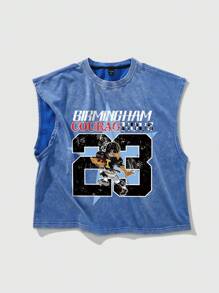 ROMWE MEN Street Life New Men's American Cartoon Graphic Printed Washed Sand Wash Short Top, Summer - Blue - View 1