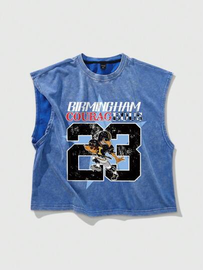 Street Life Nuovo Gilet corto da uomo estivo, lavato con sabbia, con stampa di grafiche di cartoni animati americani