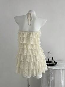 Elamini 女式蕾丝拼布露背吊带蛋糕设计连衣裙 - 杏色 - 查看 2