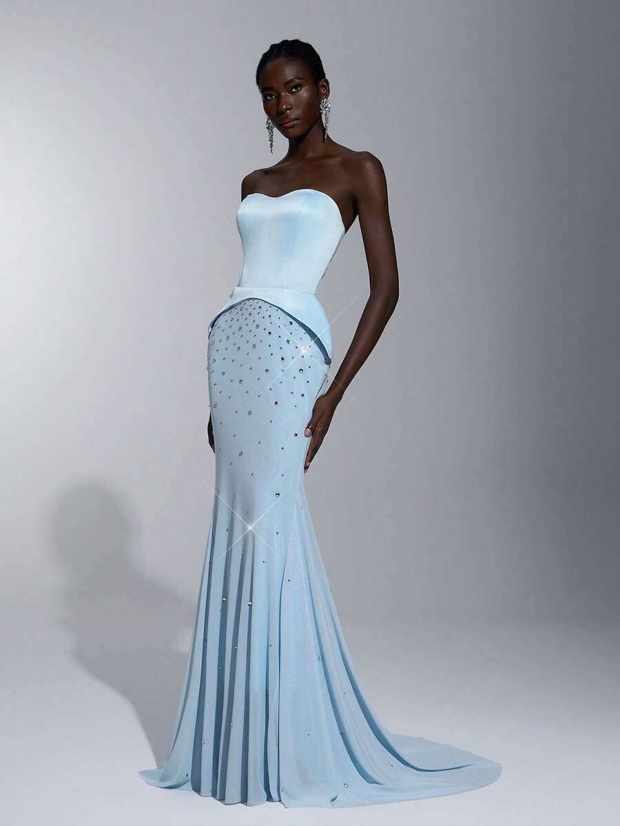 Elitara Elegant Luxurious Light Blue Satin Handmade Rhinestones Strapless Mermaid Formal Gown Suitable For Dates, Singles Parties, Receptions, Balls, Formal Occasions, Galas, And Banquets,Birthday Dress - Baby Blue - View 1