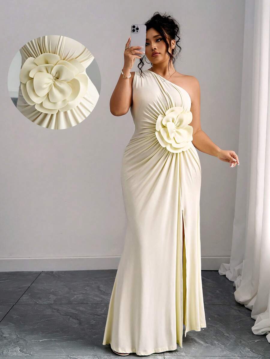 Elenzga Women Plus Size Oblique Collar 3D Floral Printed Sleeveless Elegant Midi Dress - Yellow - View 1