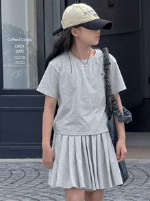 DAZY 2pcs/Set Tween Girls Crew Neck Embroidered Butterfly Knit Top And Skirt Outfit, Summer, Back To School Clothes - Grey - View 4