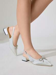 CUCCOO CHICEST Women's Pointed Toe Square Chunky Heel Elegant Romantic Silver Satin Bowknot Slip On Party Wedding High Heels - Silver - View 6