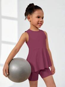 2pcs/Set Girls Sweet & Cute Solid Color Short Sleeve Dress And Leggings Set, Casual For Daily, Holidays And Vacation, Summer Young Girls Clothing Sets Slim Fit Preschool Girls Clothes Young Girls Clothing Two Pieces Ourfit Toddler Athletic Wear Girl Outfits For Kids Young Girls Sets - Purple - View 5