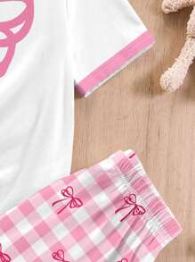 SHEIN Young Girls Casual Sweet Pink Bowknot Fitted Round Neck Short Sleeve Top And Plaid Pattern Pink Bowknot Pants 2-Piece Pajama Set, Suitable For Summer
