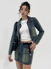 DAZY Women Distressed Denim Short Jacket And Skirt 2-Piece Set - Blue - View 7