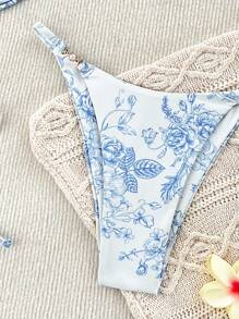 Swim Mod 2 件碎花扭花前侧珍珠纽扣丁字裤比基尼套装，海滩度假女士泳衣 - 藍白色 - 查看 4