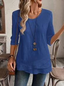 EMERY ROSE Camisa asimétrica verde de estilo campestre para otoño en tallas grandes - azul real - Ver 6