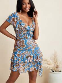 Claire Tale Vestido de verano de mujer para vacaciones en la playa, de malla transparente con volantes, escote en V asimétrico y tirantes, con estampado floral - Multicolor - Ver 6