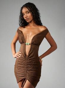 MISSGUIDED Off Shoulder Ruched Mini Dress Plunging Neckline Beaded Accent Summer Fall Party Club Evening Statement Bodycon Holiday Night Out - Coffee Brown - View 1