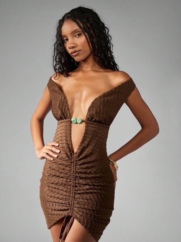 MISSGUIDED Off Shoulder Ruched Mini Dress Plunging Neckline Beaded Accent