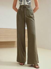 MOTF STUDIO PANTALONES RECTOS DE LINO CON CORDÓN