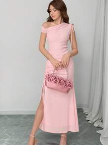 Pitira Pitira Váy lưới co giãn màu hồng, nhún bèo, xẻ tà phía trước thanh lịch dành cho bé gái tuổi teen, váy dạ hội đơn giản - Hồng - Xem 7