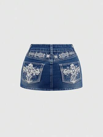 Grunge Punk Minigonna di jeans aderente con ricamo di ali a forma di croce, stile vintage Y2K Millennium, tasche, di taglia grande