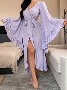 DAZY Romantic Ruffled Flare Sleeve Loose Maxi Women's Sleepwear Bathrobe Pajama - Purple - View 5