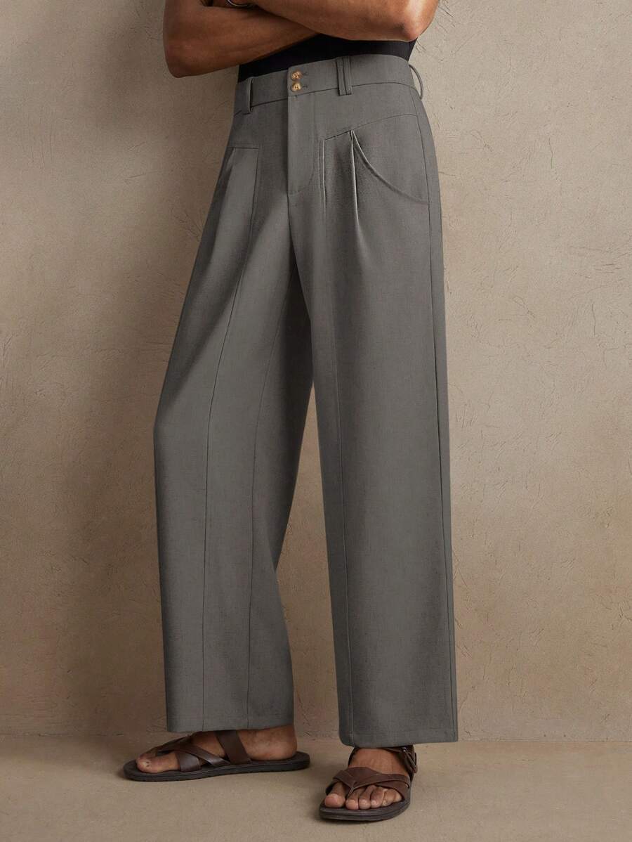 AKNOTIC 男士梭织修身中腰直筒休闲长裤，适合日常穿着、上学 - 灰色 - 查看 1