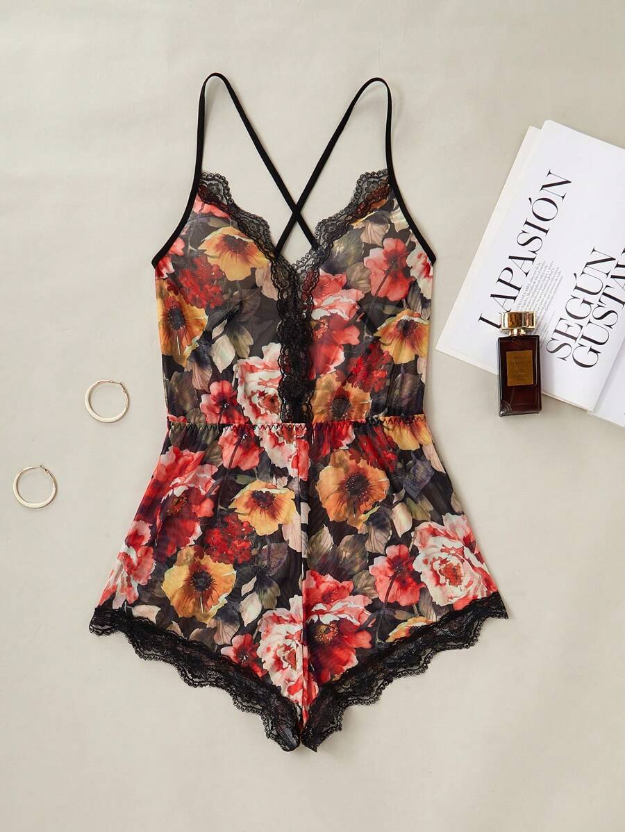 SHEIN 花卉印花撞色蕾丝细肩带网眼连体衣女式睡衣 - 黑色 - 查看 1