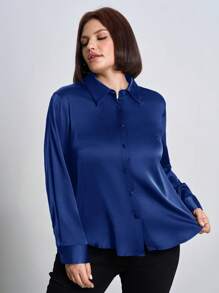 Chikora Plus Size Satin Shiny Jacquard Button Up Shirt,Office Outfits For Women - Royal Blue - View 6