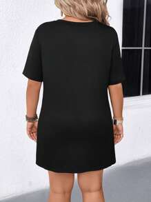 SHEIN LUNE 2pcs/Set Plus Size Women V-Neck Short Sleeve T-Shirt & Shorts, Casual - Black - View 2