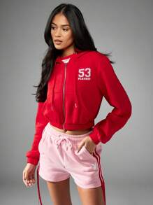 Missguided x Playboy 圣诞节短款运动拉链连帽衫，带数字标志，适合跑步、田径、休闲运动，秋冬春三季皆宜，兼具运动休闲和街头服饰风格。 - 紅色 - 查看 1