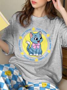 Young Girls' Cat Pattern Casual Slim Fit Round Neck Short Sleeve Pajama Set, Suitable For Summer - Multicolor - View 3