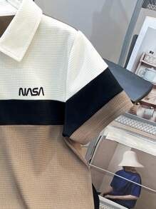Camisa tipo polo de manga corta con cuello, estampado de letras y bloques de color para niño preadolescente, para uso casual diario y golf