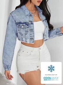 SHEIN EZwear Casual Washed Distressed Raw Hem Cropped Denim Jacket - Light Wash - View 1
