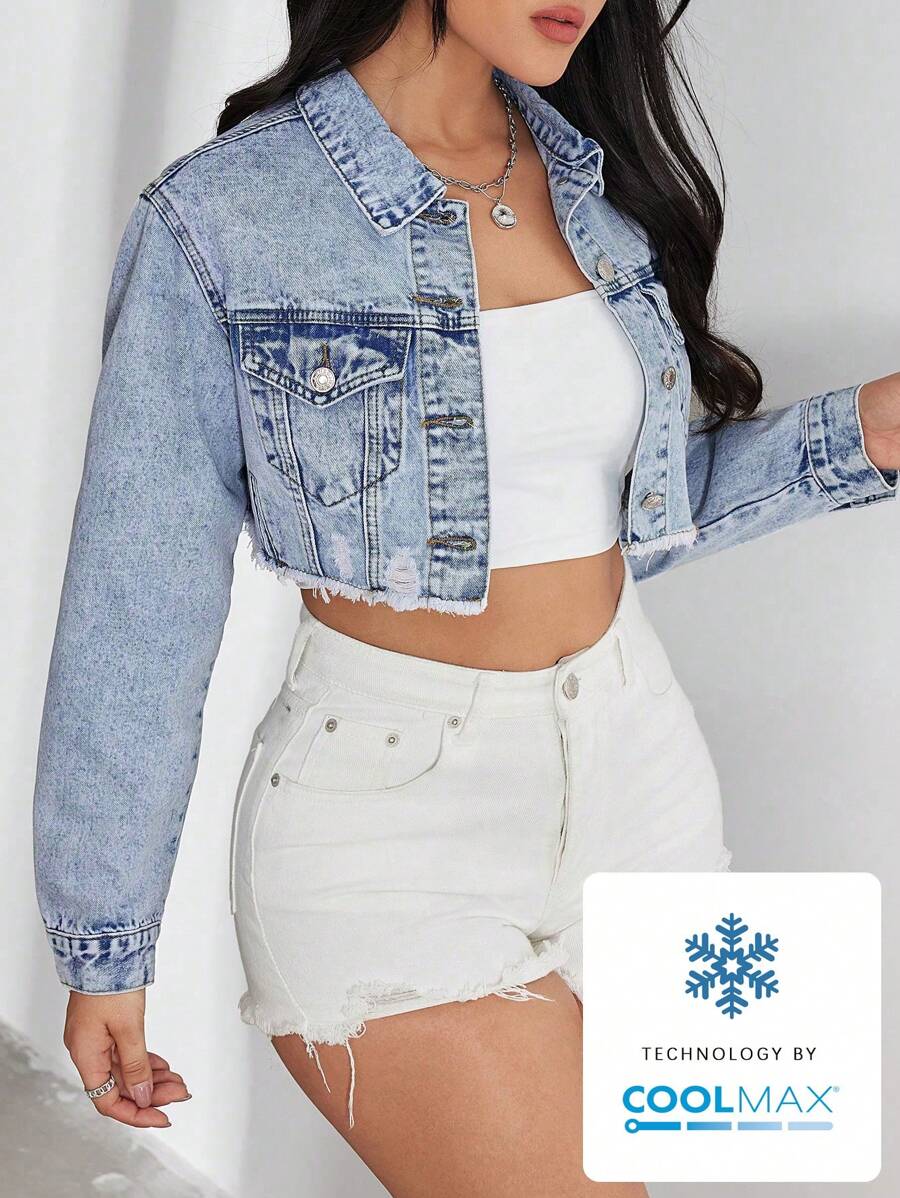 SHEIN EZwear Casual Washed Distressed Raw Hem Cropped Denim Jacket - Light Wash - View 1