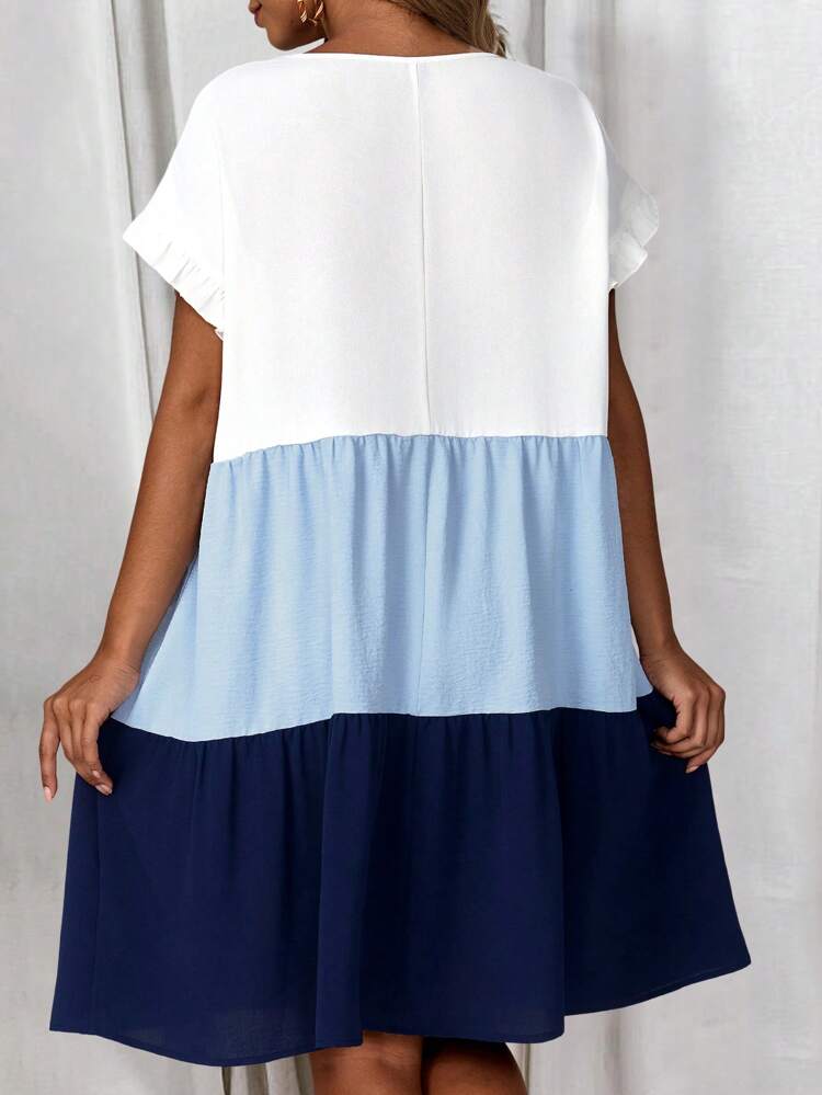 Plus Size Color Block Fashion Dress, Suitable For Summer