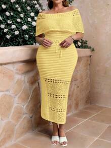SHEIN Privé فستان صيفي مخرم بنقشة الزهور، تصميم كلاسيكي أنيق بفتحة الكتف اتلكم الرشيق وحجم كبير، فستان نسائي مصنوع من النسيج المحبوك الجديد ؛ مع رباط خصر أمامي