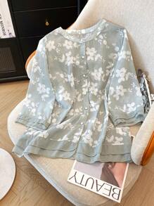 SHEIN LUNE Elegante blusa/camisa holgada y casual de manga 3/4 de talla grande para vacaciones, nuevo lanzamiento