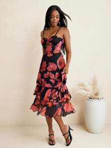 JIAN LASALA Vestido de tirantes elegante con estampado floral y diseño calado para invitada de boda, para mujer - Rojo y negro - Ver 7