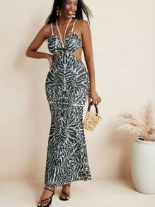 JIAN LASALA Schwarz bedrucktes Kleid mit Spaghettiträgern, figurbetonter Passform, Schlangenschnittausschnitten und Ringen, Partykleid, Sommerkleid, langes Kleid, Bandage-Kleid, Hawaii-Outfit, Ankara-Kleid, Resortwear, fließendes Kleid, vintage Abendkleid