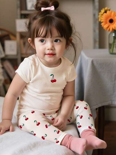 SHEIN Quần ngắn tay cổ tròn dáng ôm vừa vặn, in hình quả anh đào, phong cách tối giản thường ngày cho bé gái Happikins, đồ mặc nhà thoải mái phù hợp cho mùa hè.