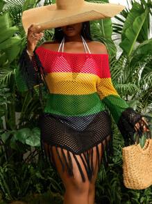 Slaydiva Plus Size Women's Hollow Out Tassel Vacation Beach Dress For Summer