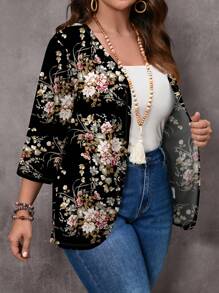 SHEIN LUNE Plus Size Women Casual Minimalist Rose Flower Print Lightweight Jacket Autumn And Winter Fall