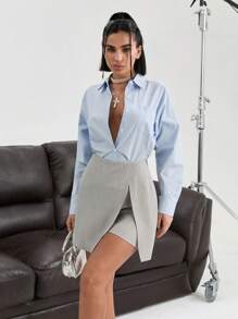 EURMUSE Women High Waist Solid Color Side Slit Hem Casual Skort - Light Grey - View 4