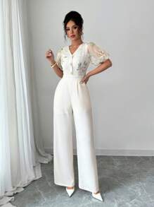 Modelyn Women's Mesh Embroidery Patchwork Decorative Button Short Sleeve Wide Leg Jumpsuit - Multicolor - View 7