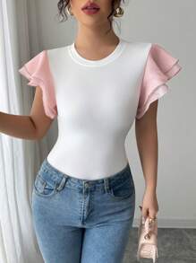 Elenzga Women's Ruffle Hem T-Shirt, Minimalist & Fashionable, Suitable For Summer - Pink - View 4