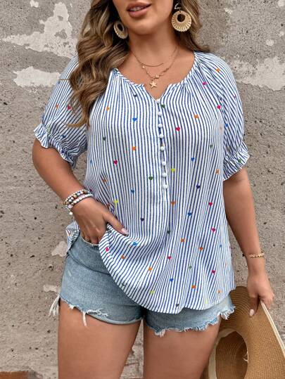 SHEIN Clasi Plus Size Women's French Style Casual Summer Striped Heart Print Short Sleeve Blouse