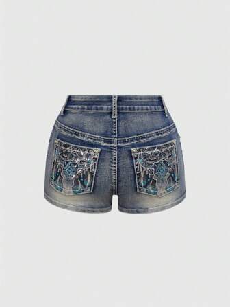 Short en jean style hippie avec broderie de style cowgirl pour femmes