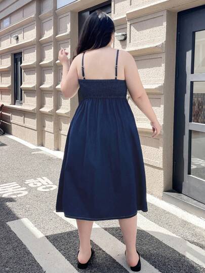 SHEIN ICON 大码女式复古学院风优雅海军蓝牛仔背带裙，夏季