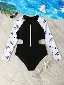 Tween Girls Cute Bow & Printed One-Piece Swimsuit, Fashionable Modest Style, Suitable For Beach, Swimming, Vacation, Summer - Black and White - View 3