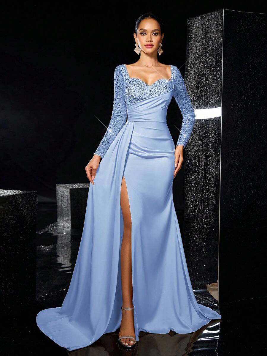 Glamrae Váy dài tay thanh lịch, sang trọng, xuyên thấu, đính ngọc trai, vải satin, eo nhún, xẻ tà cao đến đùi, viền xếp nếp bên hông, thích hợp cho đám cưới, tiệc tùng, câu lạc bộ, kỳ nghỉ, những dịp trang trọng (được tô điểm nhiều), cho buổi tối, khách dự tiệc cưới - Màu xanh nhạt - Xem 1