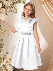 青少年女孩优雅缎面礼服，适合派对和场合 - 白色 - 查看 3