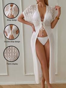 SHEIN Swim Women's Openwork Solid Color Knit Short Sleeve Cover Up Cover-Up, Casual Beach Wear, Bikini Wrap, Summer - White - View 1