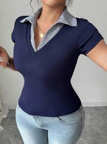 Elenzga Women's Plus Size Elegant Contrast Color Collar Patchwork Tight Stretchy Casual Versatile Fashion Design Short Sleeve Shirt/Blouse, Spring/Summer 2025 - Multicolor - View 8